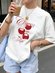 Bright Red Cherries Symbolize The Sweet Energy Of Youth And The Freshness Of Summer, With Cheerful Words Conveying Optimism And Charm. A Modern, Casual, Comfortable Women's T-Shirt For Everyday Wear. - 白色 - 查看 6