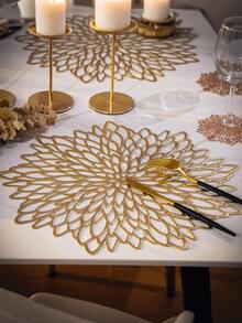 12/6/4/1pc Gold Flower Pattern Round Placemats, 15 Inch Diameter, PVC Material; Also 3.94 Inch Round Hollow Flower Coasters, Washable, Easy To Clean, Wipe-Able, Non-Slip, Heat-Resistant, Suitable For Room Decor, Dining Table Decor, Home Decor, Holidays, Parties, Birthdays, Weddings, Anniversaries, Mother's Day, Valentine's Day, Banquets, Events - Gold - View 2