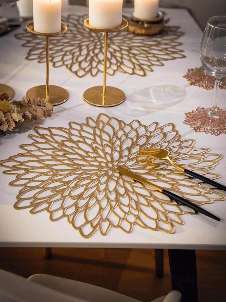 12/6/4/1pc Gold Flower Pattern Round Placemats, 15 Inch Diameter, PVC Material; Also 3.94 Inch Round Hollow Flower Coasters, Washable, Easy To Clean, Wipe-Able, Non-Slip, Heat-Resistant, Suitable For Room Decor, Dining Table Decor, Home Decor, Holidays, Parties, Birthdays, Weddings, Anniversaries, Mother's Day, Valentine's Day, Banquets, Events
