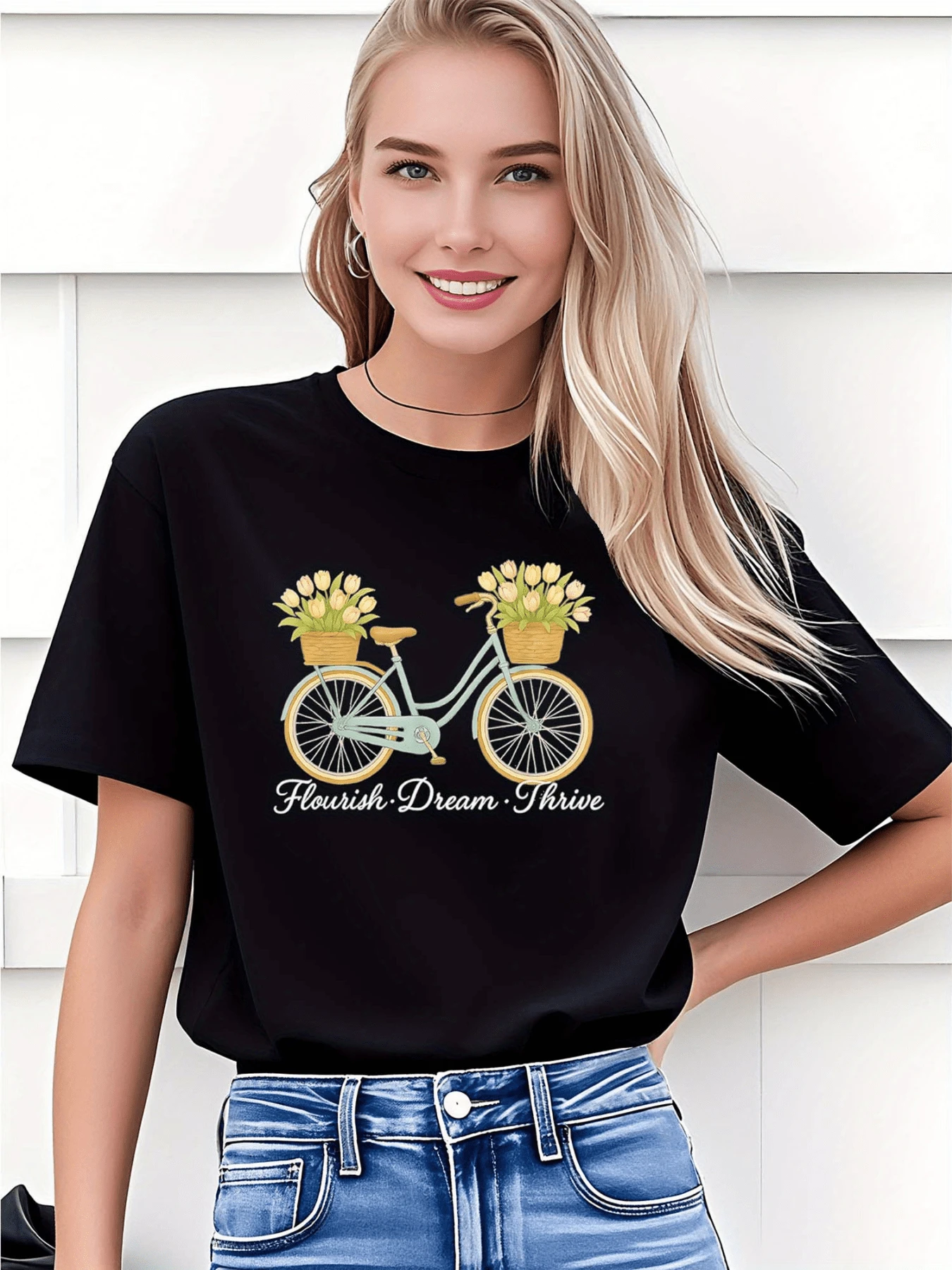 Vintage Bicycle With Baskets Full Of Yellow Flowers Symbolizing Hope, Growth, And Positive Energy, Inspiring You To Enjoy Life With An Optimistic Attitude. Casual Women's T-Shirt - 黑色 - 查看 1