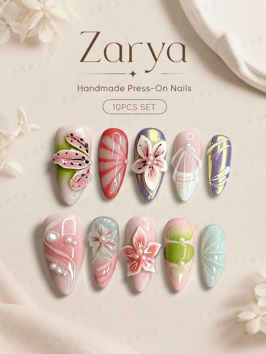 10pcs Handmade Almond Press On Nails, Pastel Pink Green Glossy Fake Nails With 3D Flower, Butterfly, Pearl & Soft Floral Nail Art For Women Including Nail Art Tools(1 Sheets Stickers+1PC Nail File),Suitable Daily, Casual, Wedding,Holiday Wear, Best Women And Girls - A11 - 查看 1