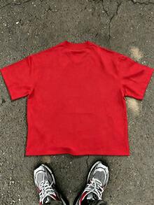 Tween Boy Cotten Clothes,Y2K-Inspired Letter Print T-Shirt - Casual Crew Neck, Short Sleeve, Machine Washable - Perfect For Spring/Summer/Fall,Fashion, Streetwear, Unisex, Men, Women - Đỏ - Xem 2