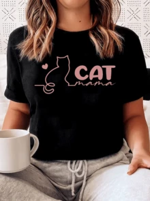 A Cat Drawn With A Continuous Line Next To A Small Heart Symbolizes Tenderness And Emotional Connection Between Owner And Pet. A Comfortable, Casual Women's T-Shirt With The Message "Cat Mama," Ideal For Cat Lovers. - 黑色 - 查看 6