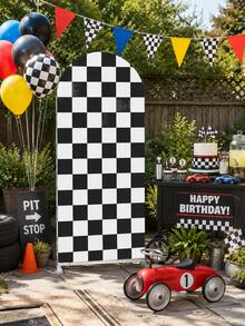 1 Black And White Checkered Arch Backdrop, Racing Theme Polyester Backdrop, Racing Theme Party Backdrop, Arch Fabric Cover, Wedding Decoration, Can Be Matched With Balloon Decoration, Racing Theme Birthday Party Decoration, Party Decoration, Gender Reveal Party Supplies, Bridal Shower Supplies, Home Decoration, Photo Props - Racing Grid - View 5