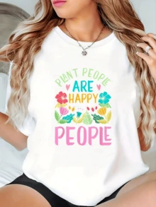 Colorful Phrase Celebrating The Happiness Of Plant Lovers, Decorated With Vibrant Tropical Flowers And Green Leaves That Convey Positive Energy. Comfortable And Modern Casual Women's T-Shirt - 白色 - 查看 6