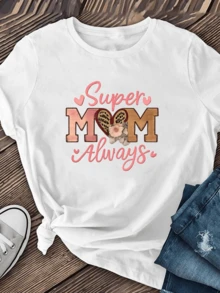 Pink Hearts Accompany A Message Celebrating A Mother's Strength And Tenderness, With The Text "Super Mom Always" Surrounded By Flowers And Animal Print Patterns That Inspire Love And Gratitude. This Comfortable, Casual Women's T-Shirt Makes A Special Gift. - 白色 - 查看 6