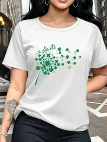 Tréboles verdes que se transforman en la brisa simbolizan esperanza suerte y libertad con mensaje positivo y toque natural camiseta de mujer casual cómoda para uso diario - Blanco - Ver 1