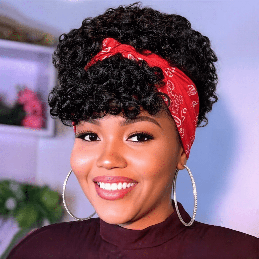 Short Curly Human Hair Headband Wig, Natural Black Curly Human Hair Scarf Wig, Full Machine Made Wigs For Women, Easy Wear Daily Wig