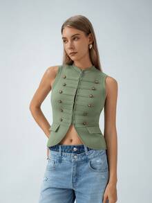 HZXVIC Áo vest dệt kim không tay kiểu dáng thường ngày mới dành cho nữ mùa hè, phối dây thắt nút. - Màu xanh Ô liu - Xem 5