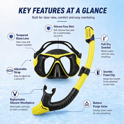 1 Set Adult Full Dry Snorkel Mask Set, Wide View Tempered Glass Lens, Black/Pink/Blue/Yellow/White Multi-Color Soft Silicone Seal Mask With Drain Valve & Removable Mouthpiece, For Beach, Swimming, Snorkeling, Diving