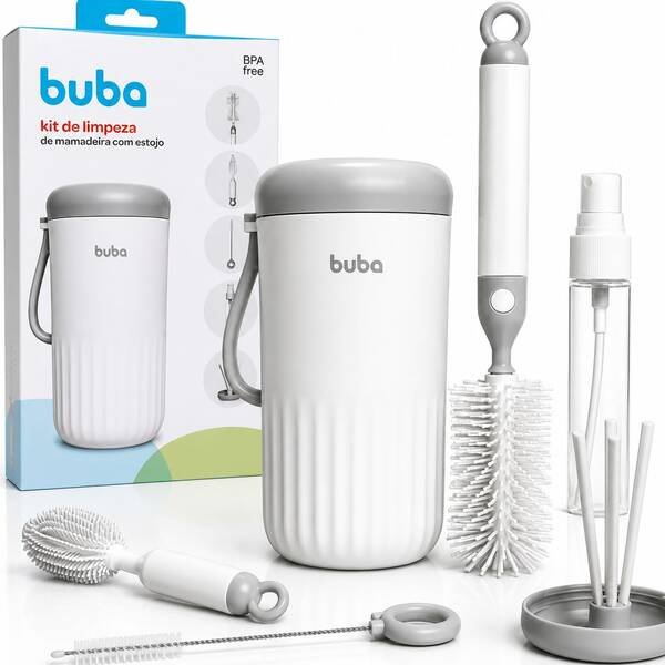 Kit Portátil Para Limpeza de Mamadeira C/ Escova Borrifador Estojo 5 Peças 100% Atóxico Buba