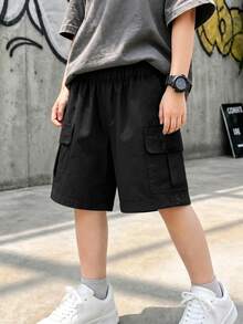 1 Stück Kleine Jungen, vielseitige Mode Cargo Shorts mit großer Tasche und geradem Bein - Schwarz - Übersicht 9