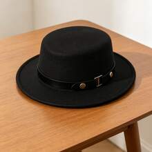 1pc Elegant Wool Felt Hat, Suitable For Summer Beach, Women's Daily And Holiday Outfits, Decorated With Round Rivets And Symmetrical Belt, A Decorative Western Cowboy Hat - Solid Color - View 2