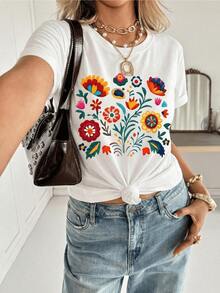 Colorful Flowers Arranged Like A Radiant Garden With Red, Yellow, And Blue Petals Representing Joy, Vitality, And A Connection With Nature, Full Of Positive Energy. Women's Casual, Comfortable, And Modern T-Shirt - 白色 - 查看 8