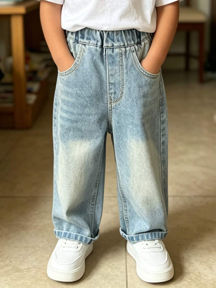 Young Boy Loose Comfortable Pocket Straight Leg Denim Pants Suitable For Daily School Casual Outdoor Wear - Baby Blue - View 1