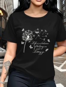 Dandelion With Butterflies Symbolizing Freedom And Inner Balance Between Holding On And Letting Go, Inspiring Serenity In Every Detail. Modern Casual Women's T-Shirt - 黑色 - 查看 1