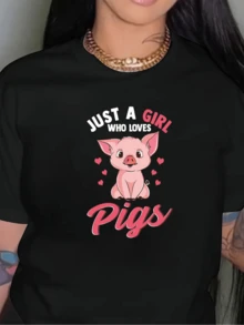 A Cute Pink Piglet Surrounded By Small Hearts Symbolizes Innocent Affection And Pure Joy For Those Who Love Animals And Sweetness In Life. A Comfortable, Modern, Casual Women's T-Shirt For Everyday Wear. - 黑色 - 查看 1