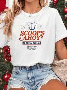 Blue Anchor Symbolizing Sea Adventures And Free Spirit Accompanied By Nautical Lettering That Evokes Summer Trips And Freedom On The Ocean. Modern Casual Women's T-Shirt Ideal For Relaxed Days. - 白色 - 查看 1