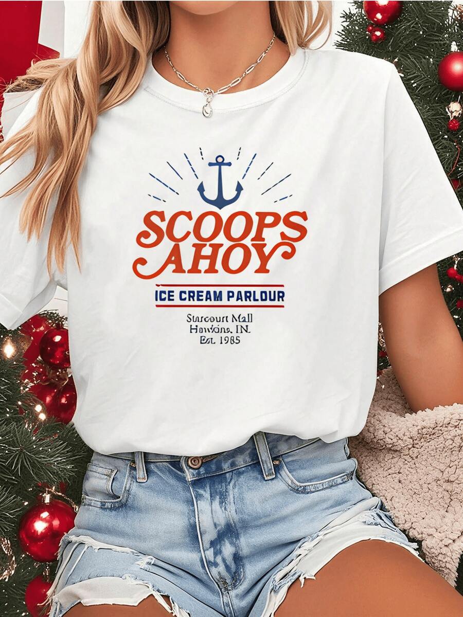 Blue Anchor Symbolizing Sea Adventures And Free Spirit Accompanied By Nautical Lettering That Evokes Summer Trips And Freedom On The Ocean. Modern Casual Women's T-Shirt Ideal For Relaxed Days. - 白色 - 查看 1