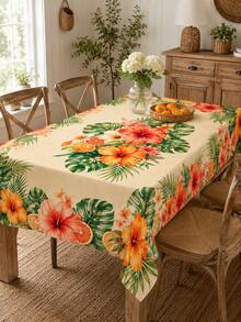 1pc Tropical Hibiscus Orange Floral Print Tablecloth, Beige Background With Citrus Green Leaf Pattern, Vintage Country Style, Outdoor Summer Party Decor, Stain-Resistant And Easy To Clean, Camping Picnic Essential - Multicolor - View 1