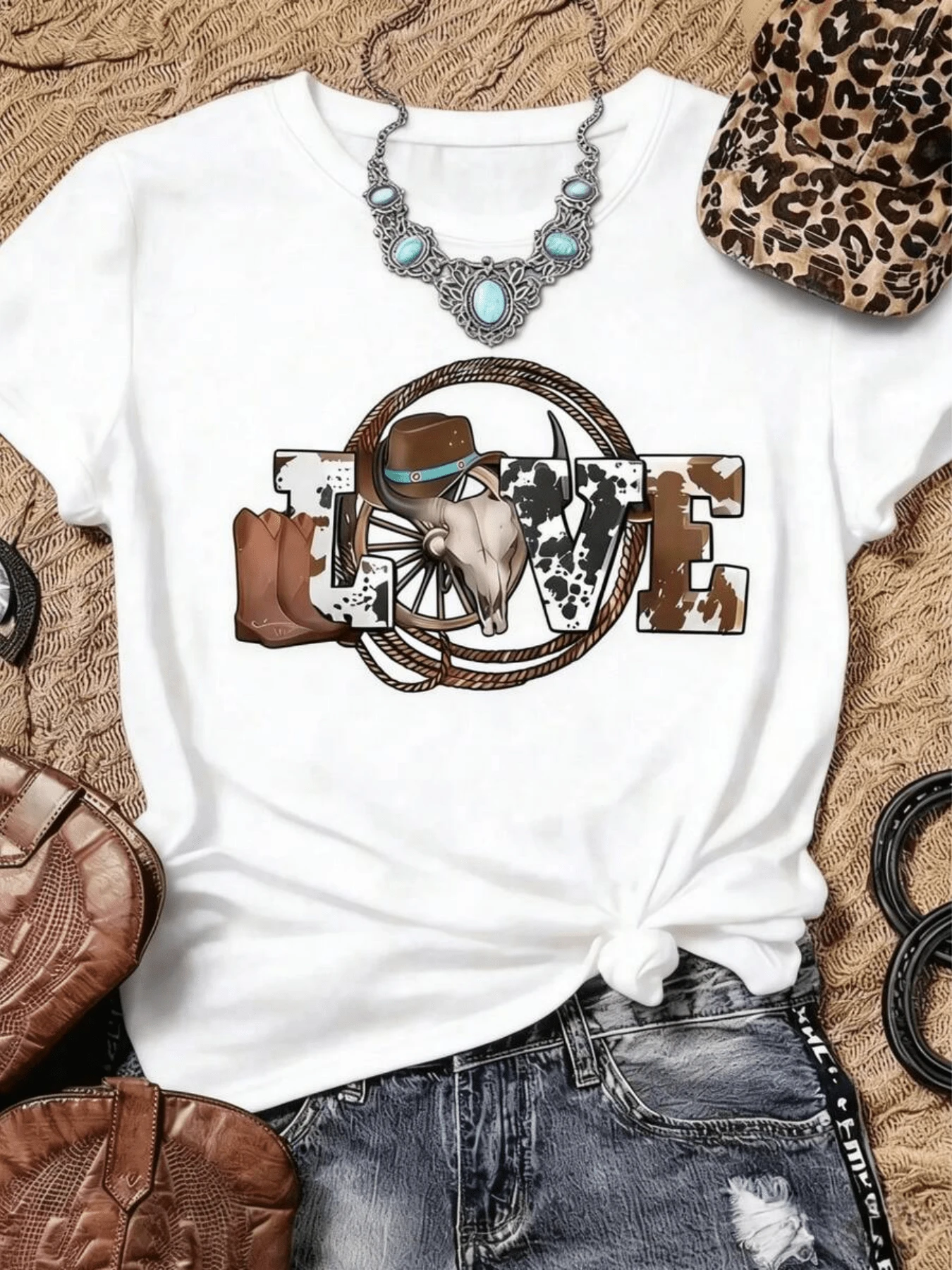 Cowboy Love With Hat, Boots, Bull Skull And Rope Representing The Strength Of The West And The Freedom Of The Adventurous Spirit. Comfortable Casual Women's T-Shirt For Everyday Wear. - 白色 - 查看 1