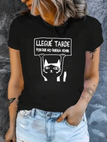 Sarcastic Cat Holding A Sign With A Funny Phrase Expressing Humor About Laziness And Modern Sincerity, Ideal For Young Women, Comfortable And Versatile Casual Women's T-Shirt - 黑色 - 查看 8