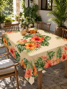 1pc Tropical Hibiscus Orange Floral Print Tablecloth, Beige Background With Citrus Green Leaf Pattern, Vintage Country Style, Outdoor Summer Party Decor, Stain-Resistant And Easy To Clean, Camping Picnic Essential - Multicolor - View 5