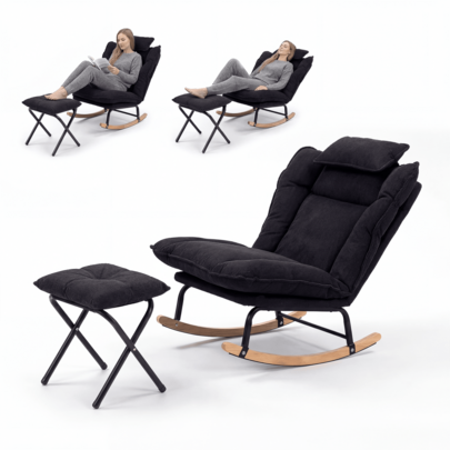 Corduroy Rocking Chair (With Cushion) - Removable Cushion, Solid Wood Rocking Frame, Single-Seater Lounge Chair (Includes Free Footrest) - Nordic-Style Relax Chair For Living Room, Home, Balcony, Or Bedroom, 81*80*84 Cm