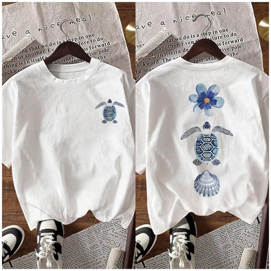 Women's Loose-Fitting Short-Sleeved T-Shirt With Sea Turtle, Shell And Floral Print - White - View 1
