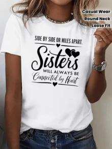 Two Joined Hearts Symbolize The Eternal Bond Between Sisters Who, Even Though Distance Separates Them, Remain Connected By Authentic Love And The Strength Of The Heart. Women's Casual Round Neck T-Shirt - 白色 - 查看 8