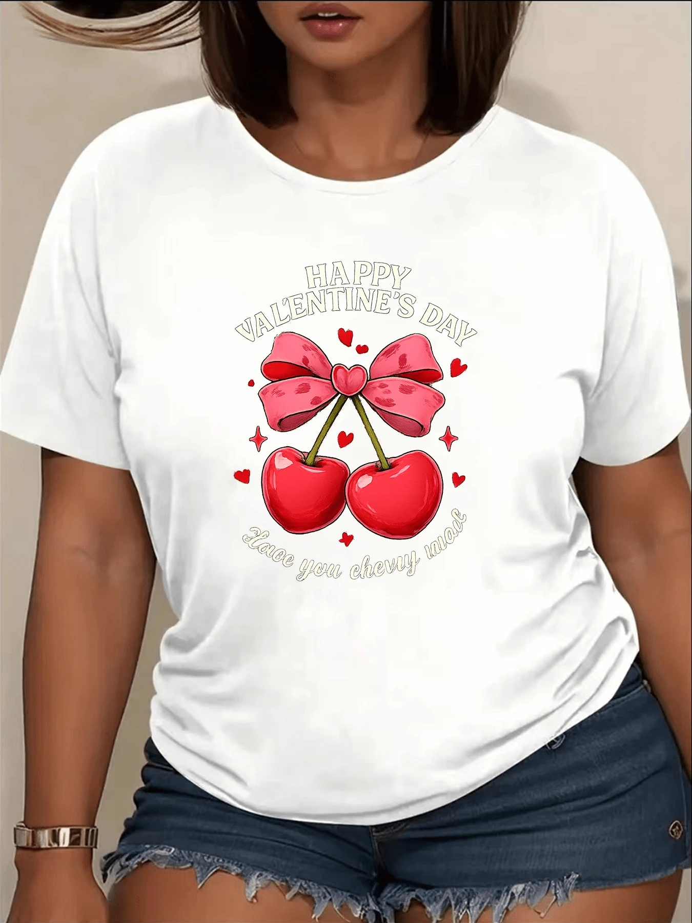 Two Bright Red Cherries Joined By A Pink Ribbon With Hearts Symbolize Love, Sweetness, And Joy On Valentine's Day. Romantic Casual Women's T-Shirt For Summer - 白色 - 查看 1