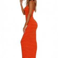 Y2K Knitted Mini Dress, Pink Striped Pattern Slim Fit, Elegant Summer Vacation Streetwear Club Wear - Orange - View 3