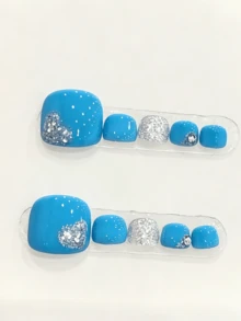 10 Unhas Postiças para os Pés Feitas à Mão para Festa e Uso Diário, Fáceis de Aplicar, Adequadas para Raparigas e Mulheres, Festivais, Festas e Festival de Música, Presente para o Dia dos Namorados e Dia da Mãe - Azul - Ver 10