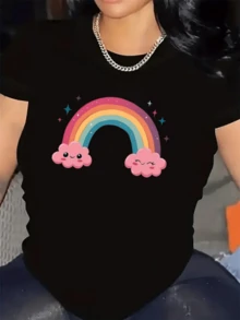 Bright Rainbow With Smiling Pink Clouds Symbolizing Hope, Joy, And Positive Energy On Gray Days. Modern, Comfortable, And Casual Women's T-Shirt - 黑色 - 查看 6