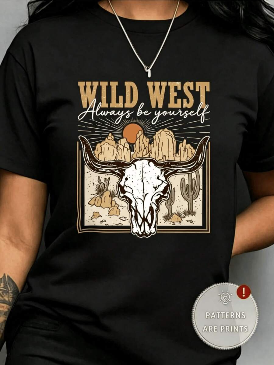 Bull Skull Against The Desert Sun With Mountains And Cacti Evoking The Freedom Of The West And Inner Strength. Comfortable Casual Women's T-Shirt Perfect For Expressing Your Own Style. - 黑色 - 查看 1