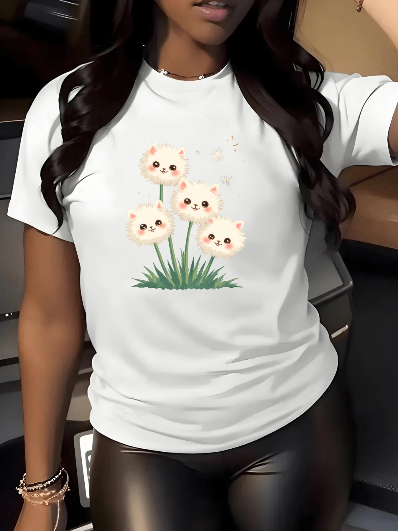 Fluffy Flowers With Cat Faces Symbolizing Tenderness, Joy, And Love For Animals In A Green Field Full Of Positive Energy. Casual, Comfortable, And Modern Women's T-Shirt For Everyday Wear. - 白色 - 查看 1