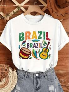 Colorful Drums And Guitar Accompanied By Tropical Feathers Represent The Joy And Energy Of The Brazilian Carnival, Celebrating The Music And Living Culture. Women's Casual, Modern, Comfortable T-Shirt For Summer - 白色 - 查看 6