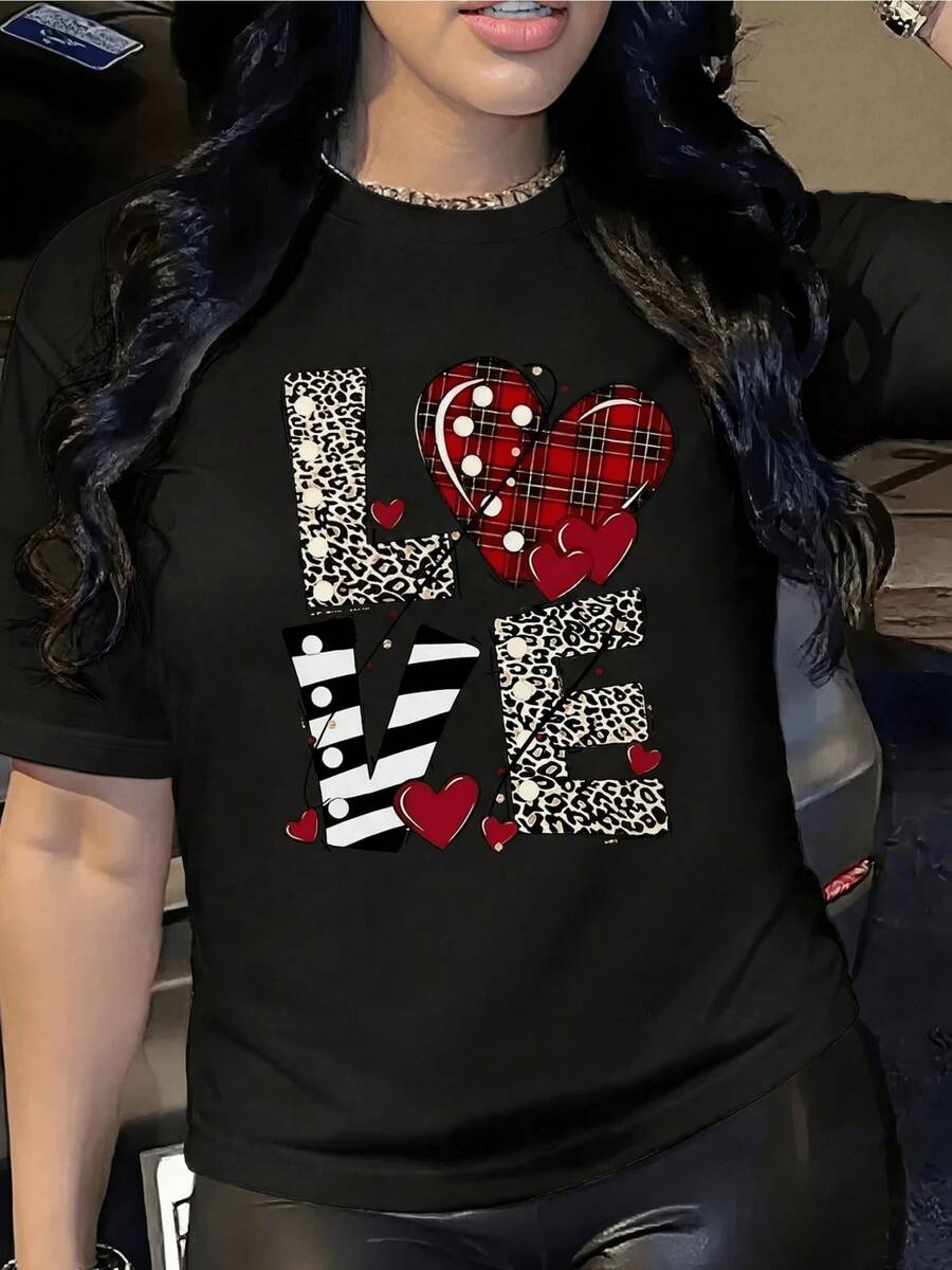Hearts With A Checkered And Polka Dot Print Combined With Leopard Print Lettering And Stripes That Form The Word LOVE, Symbolizing Passion And Positive Energy. Women's Casual, Modern, Elegant T-Shirt - Black - View 1