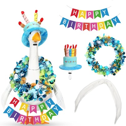 4件套生日主题装饰配件，适用于23英寸花园鹅雕像，包括生日蛋糕帽、翅膀等，经典蓝色，适合庭院、露台、户外鹅雕像装饰