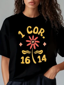 A Central Red Flower With Radiant Petals And Details In Warm Tones Symbolizes Love And Strength, Inspiring Positive Energy In Every Glance. A Modern, Casual, Comfortable Women's T-Shirt For Everyday Wear. - 黑色 - 查看 6