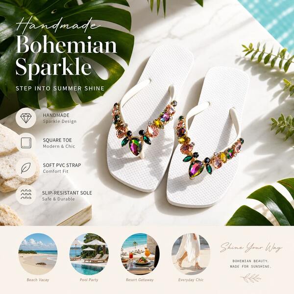 Bohemian Style Rhinestone Embellished Flip Flops, Soft EVA Non-Slip Wear-Resistant Sandals, Women's New Summer Beach, Pool, Casual Versatile INS Style Slippers