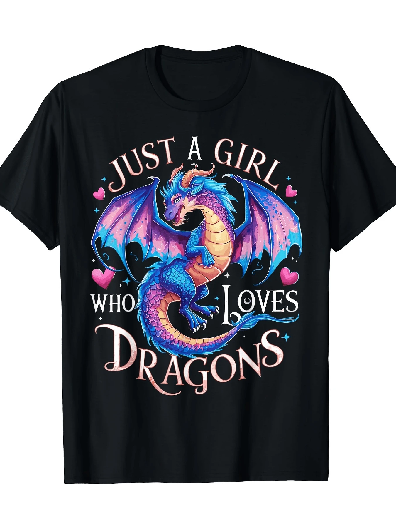 Dragón colorido de fantasía con alas extendidas rodeado de corazones simboliza la fuerza interior y la pasión por criaturas mágicas camiseta de mujer casual cómoda para uso diario - Negro - Ver 1