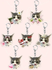 1/7 最萌猫咪！亚克力钥匙扣。趣味猫咪钥匙扣，猫咪喝抹茶饮料包挂饰，背包挂饰，汽车钥匙扣，手机配件，是送给男朋友、女朋友、家人、朋友和爱猫人士的完美小礼物——理想的圣诞节和新年礼物。 - 彩色 - 查看 1