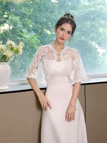 1 Peça Xale de Casamento Feminino, Xale Nupcial Bordado em Renda Vazada Champanhe/Preto/Branco, Xale de Verão para Madrinhas, Noivas, Casamento, Festa, Apresentação, Cosplay, Decoração de Feriado, Sessão de Fotos, Desfile, Estilo Europeu e Americano Manga Longa Fina Xale de Tule Simples, Sexy e Transparente da Noiva com Enfeites de Pérolas Falsas e Strass - Multicolorido - Visão 10