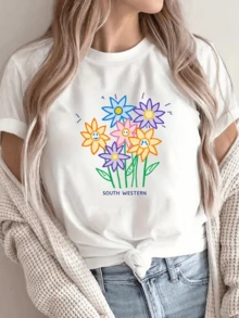 A Bouquet Of Colorful Flowers With Smiling Faces Conveys Joy, Positive Energy, And A Touch Of Natural Freshness-Ideal For Brightening Any Day. A Modern And Comfortable Casual Women's T-Shirt. - 白色 - 查看 1