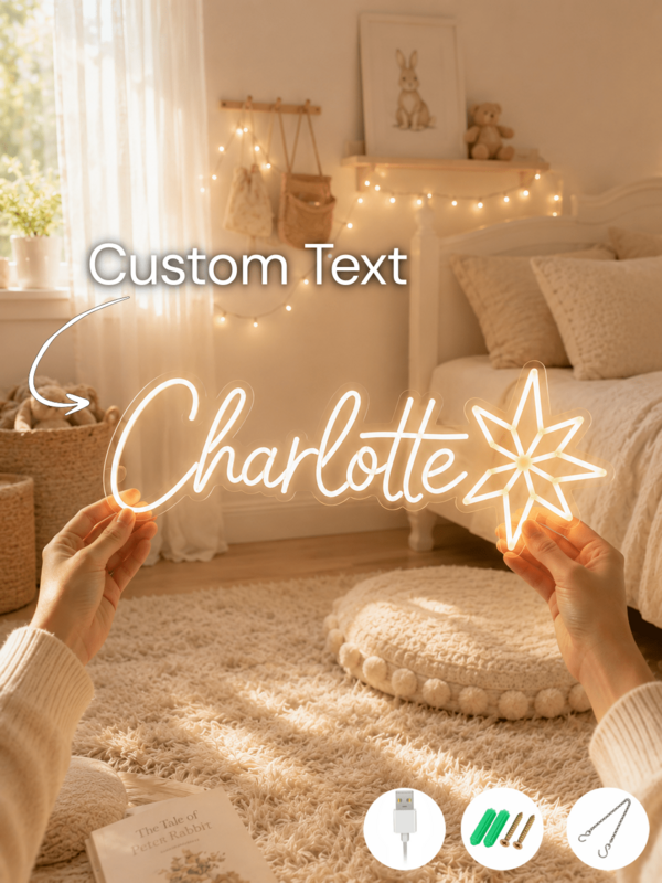 Plaque d'enseigne au néon personnalisée avec étoile chaleureuse et nom, décoration murale en néon LED personnalisée, alimentée par USB, style esthétique moderne pour chambre à coucher, salon, chambre d'enfant, décoration de fête d'anniversaire