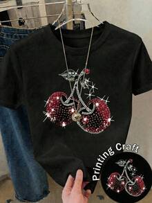 亮面樱桃印花T恤，女士休闲圆领短袖黑色上衣，可爱闪亮水果图案日常夏季上衣 - 黑色 - 查看 3