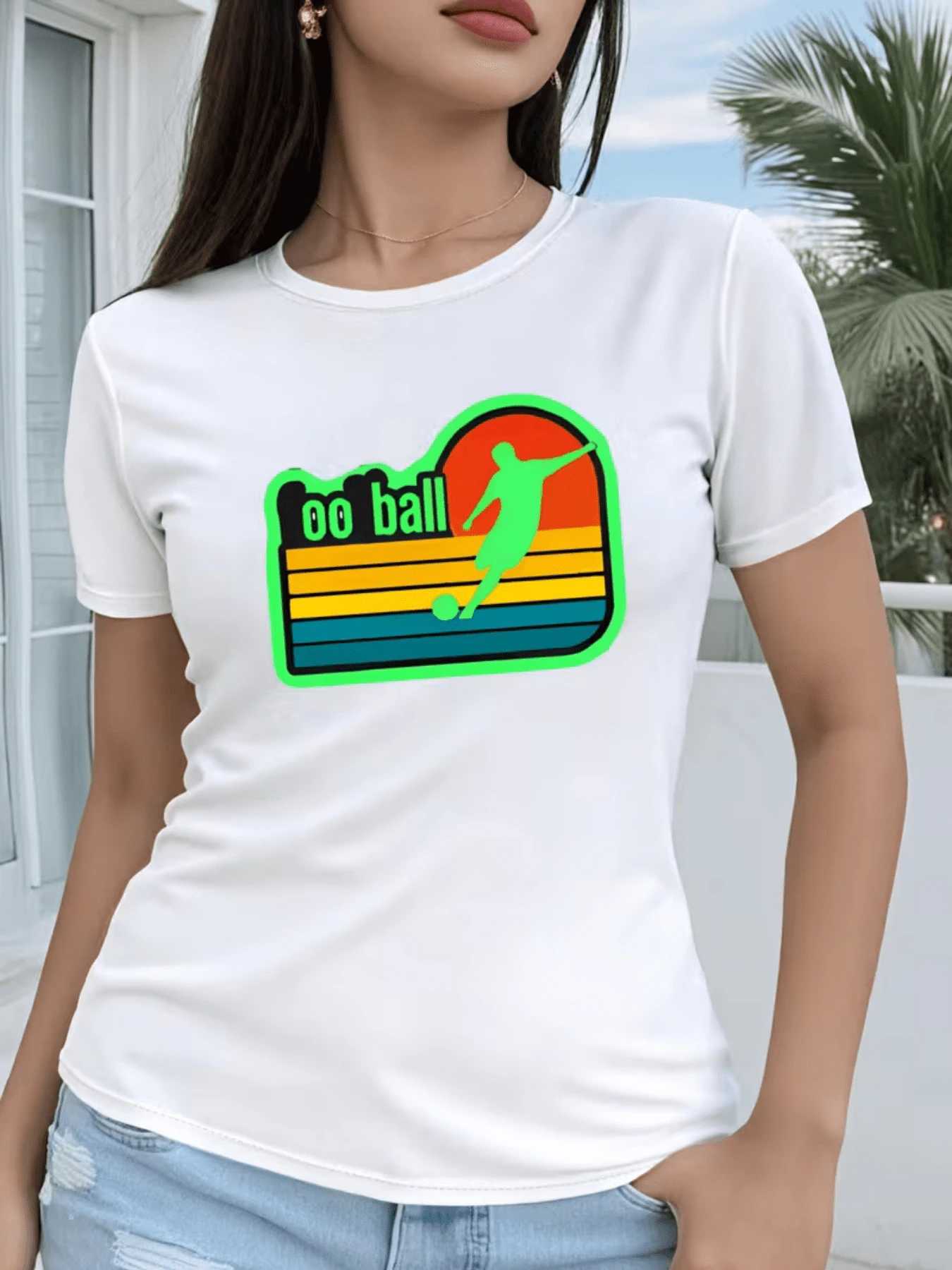 Vibrant Figure Of A Soccer Player In Motion Against A Retro Striped Background In Warm And Green Tones, Conveying Dynamic Energy And Passion For The Sport. Modern Casual Women's T-Shirt - 白色 - 查看 1