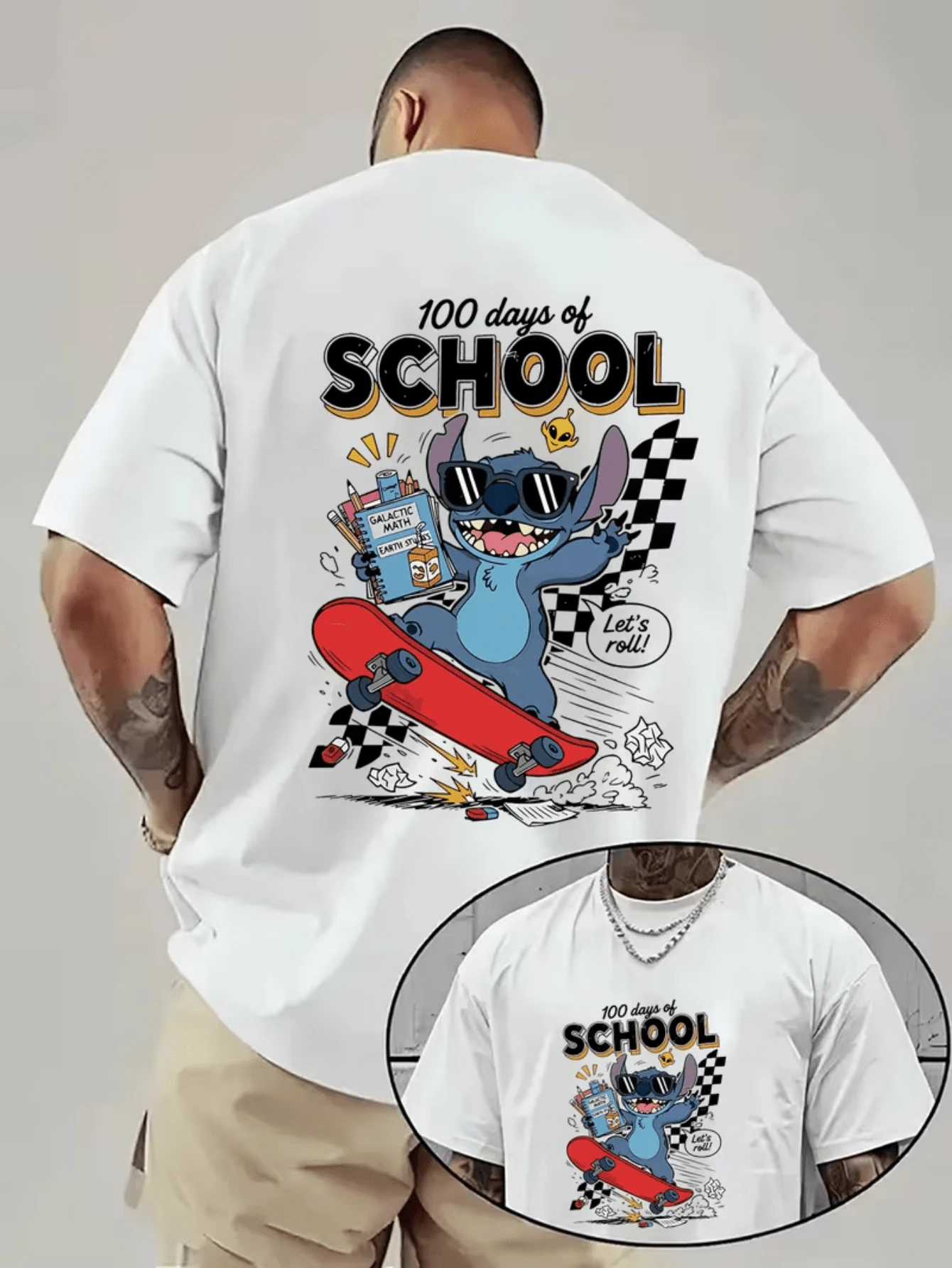 (Disney Licensed T Shirts)Disney Lilo & Stitch "100 Days Of School" Graphic Tee Men's Oversized Crew Neck Short Sleeve T-Shirt, Casual Streetwear With Skateboarding Stitch Print, Funny School Vibe Loose Fit Casual Top, Mens Clothes, Men, Ropa De Hombre, Summer Clothes, Men Shirts, Graphic Tees, Disney Outfits Men, Graphic Tees, Camisetas Para Hombre, Camisas Para Hombre, Summer Outfits For Men, Father's Day Gift, Perfect Gift For Family And Friends, Which Are Necessary For Birthday Parties, Disney Shirts, Mens Clothes, Summer Clothes, Officially Licensed Disney T-Shirts, Disney Men's And Women's Spring/Summer Fashion Casual Short-Sleeve T-Shirts, Disney Top - trắng - Xem 1