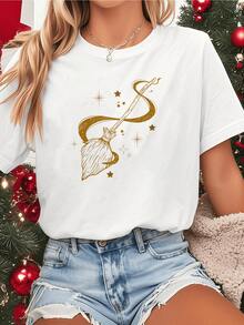 Magic Broomstick Floating Among Golden Stars Symbolizing Freedom, Inner Power, And Bright Feminine Energy. Comfortable Casual Women's T-Shirt For Summer - White - View 6